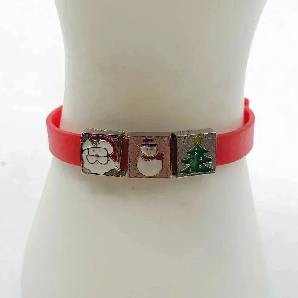 Multicolor Enamel Santa Snowman Christmas Tree Slide Bracelet VTG